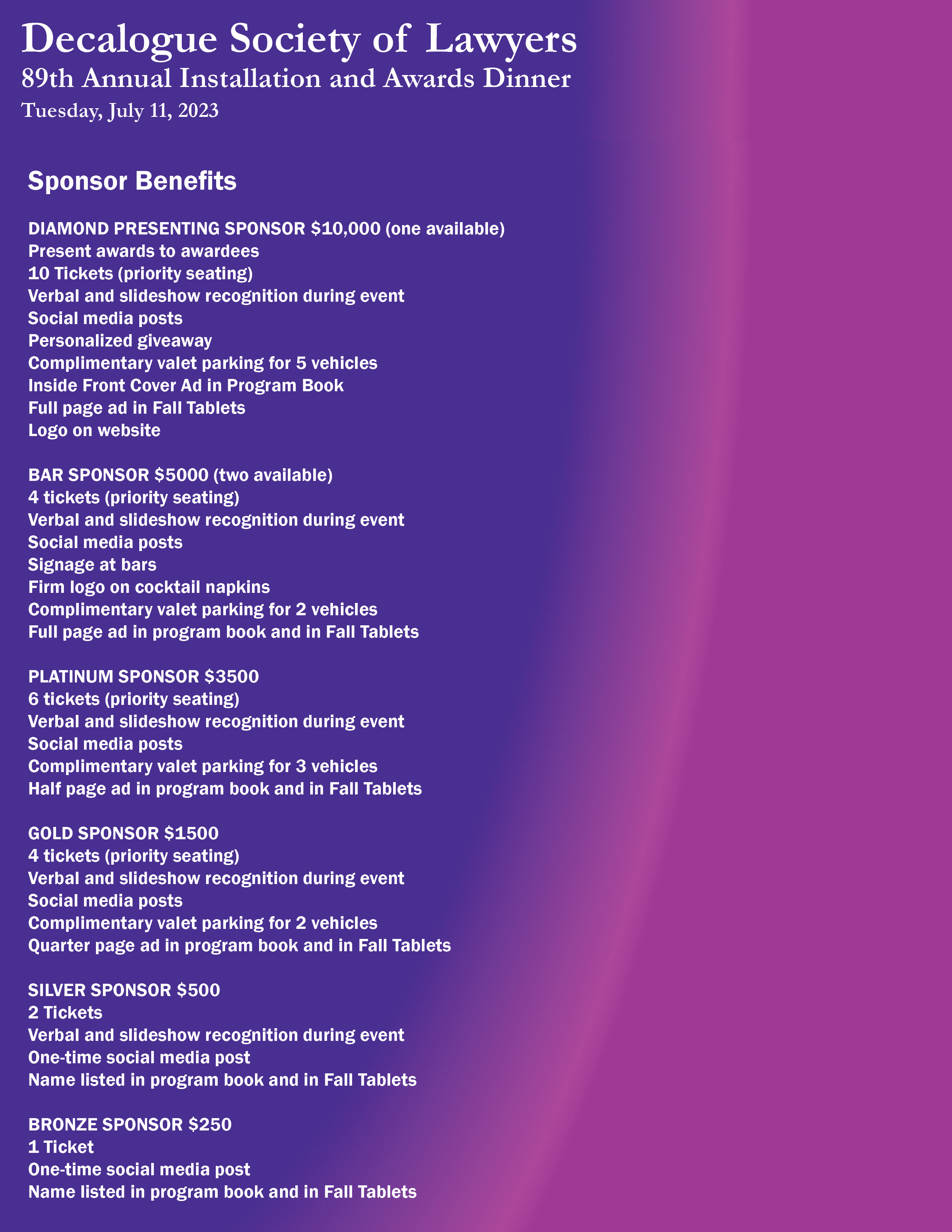 2023 Annual Dinner Sponsor Benefits